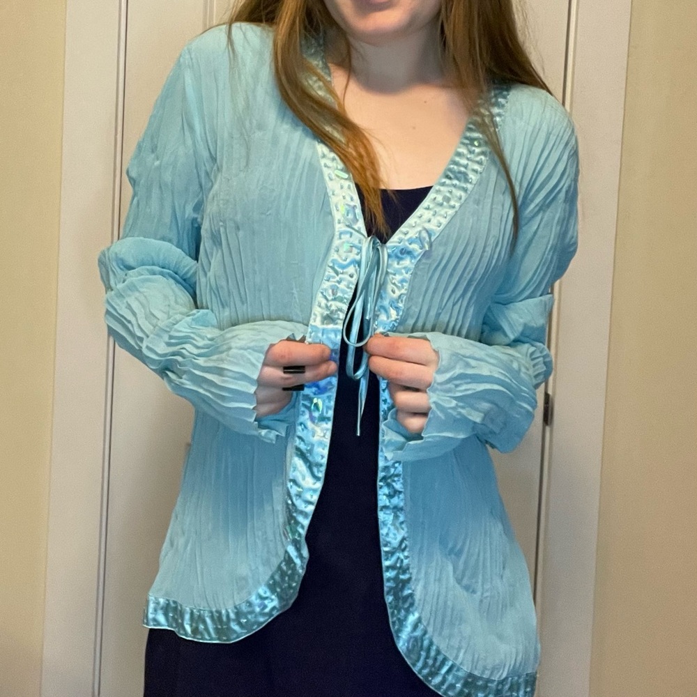 Blue sequined Y2K style tie-front top